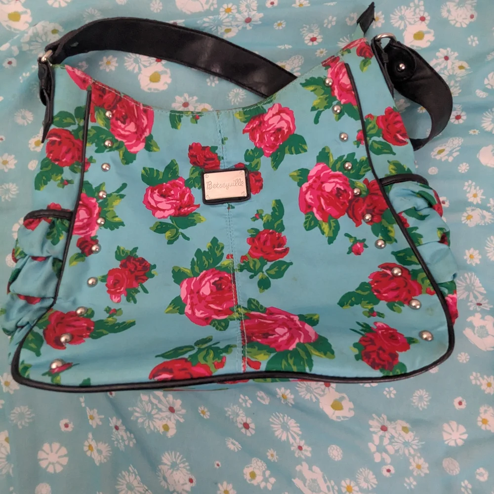 Betsey Johnson Betseyille Red Roses with Blue Background Hobo Bag